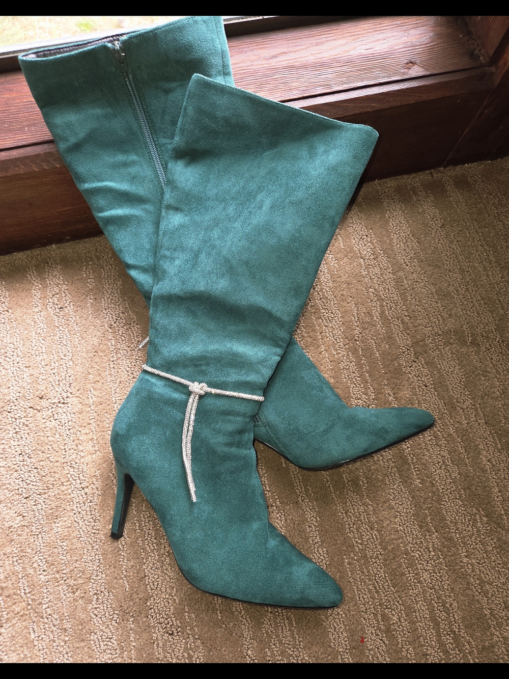 Green Suede Knee-High Stiletto Boots